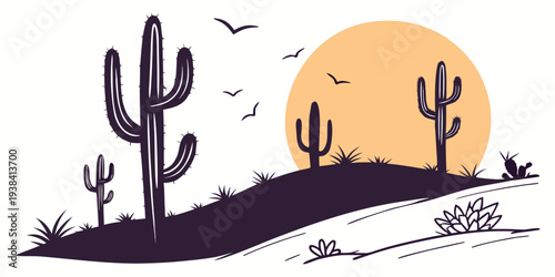 A serene desert landscape with cacti and birds flying under a setting sun Vector
