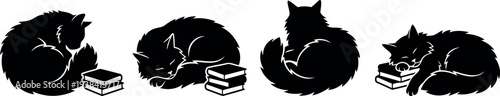 Set of Black Silhouette Sleeping Cats and Books Vector Illustration - Scalable EPS SVG Graphic
