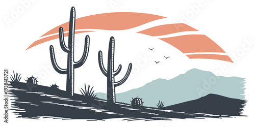 A serene desert landscape with a lone cactus and distant mountains Vector