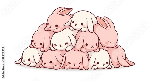 Adorable Pile of Kawaii Baby Bunnies Illustration.