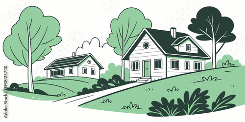 A serene suburban neighborhood with lush greenery and charming houses Vector