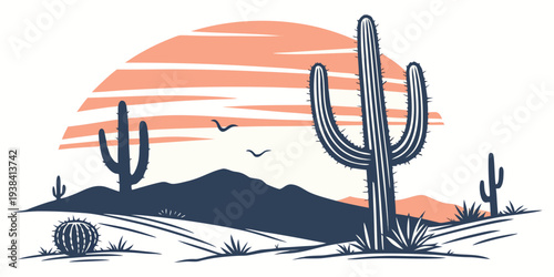A serene desert landscape with cacti and a vibrant sunset horizon Vector