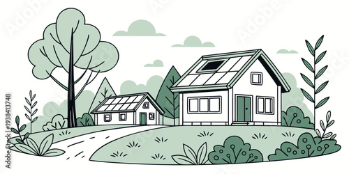 A charming countryside house surrounded by lush greenery and trees Vector