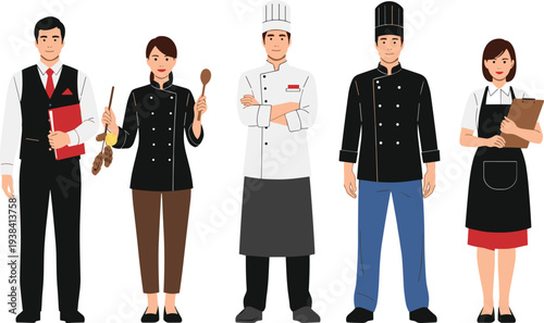 Restaurant Staff Team Waiter Waitress and Chefs Uniform Vector Illustration