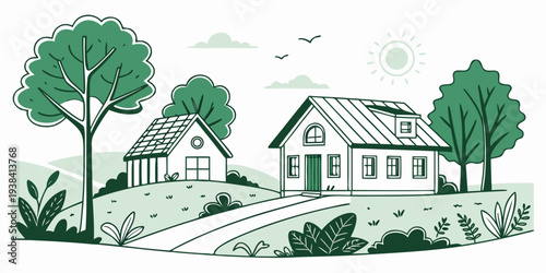 A serene countryside landscape with a charming farmhouse and lush greenery Vector