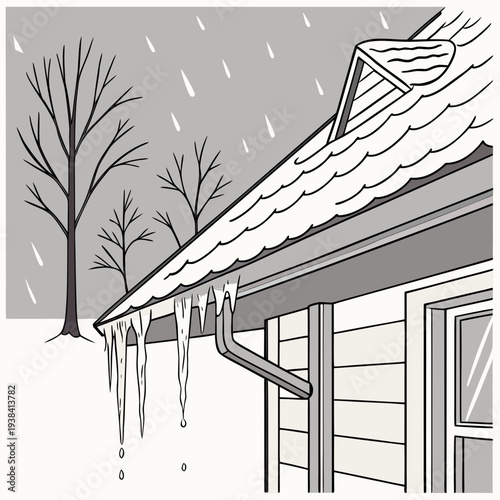 A close-up view of icicles hanging from the edge of a roof during a snowy day Vector