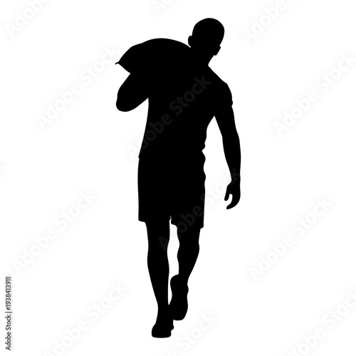 Man carrying heavy bag on shoulder, walking silhouette, flat design vector illustration