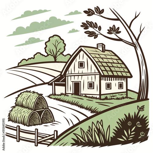 A quaint countryside scene with a charming house and lush greenery Vector