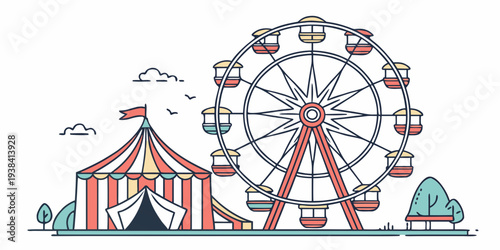 A vibrant circus scene with a ferris wheel and tents under a clear blue sky Vector