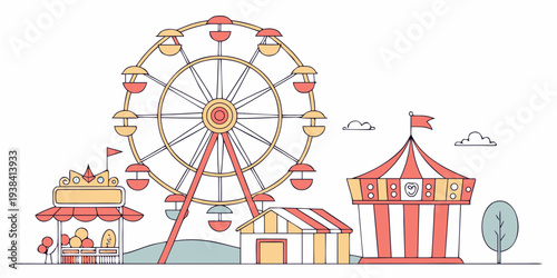 A vibrant carnival scene with a colorful ferris wheel, cotton candy, and a circus tent. Vector