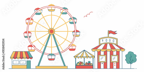 A vibrant amusement park with a ferris wheel, carousel, and various attractions. Vector