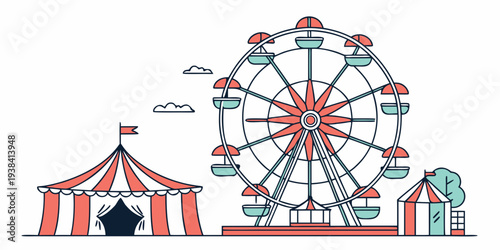 A vibrant carnival scene with a colorful tent and a spinning ferris wheel under a clear sky. Vector