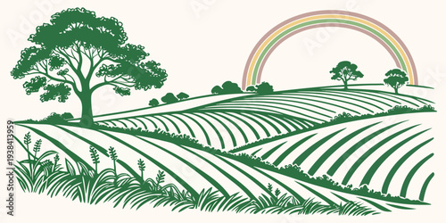 A serene landscape of rolling hills and a winding path under a rainbow arch Vector