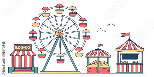 A vibrant amusement park with a central ferris wheel and various colorful buildings Vector