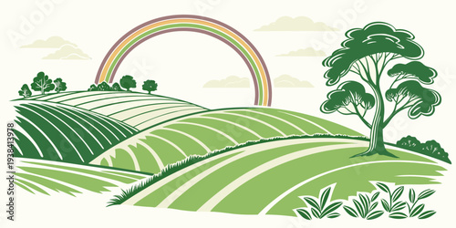 A picturesque landscape featuring a rainbow arching over a lush green valley with trees Vector