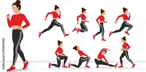 Woman Running and Stretching Exercise Poses Fitness Activity Vector Set