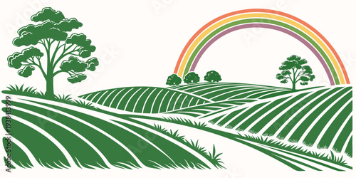 A vibrant and lush green field with a rainbow arching in the background. Vector