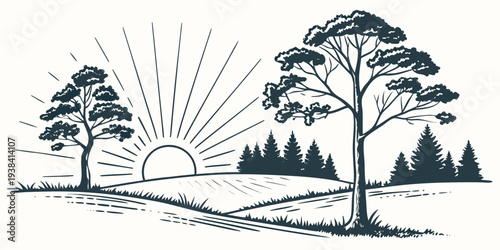 A serene landscape with trees and a winding river under a starry night sky Vector