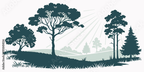 A serene landscape with tall trees and a misty background. Vector