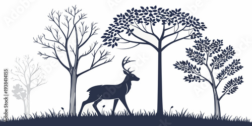 A majestic stag stands tall under the canopy of a dense forest. Vector