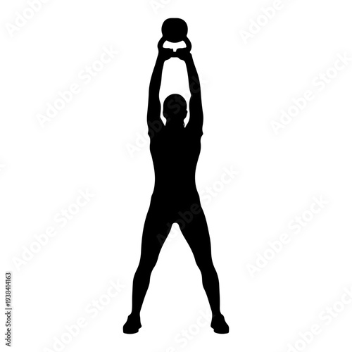 Man lifting kettlebell overhead, fitness exercise, sport silhouette vector illustration