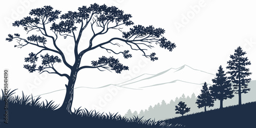 A majestic tree stands tall against a dark and stormy sky with power lines in the distance. Vector