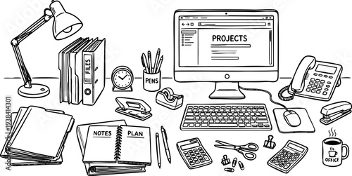 Complete Office Workspace Illustration with Computer Files and Stationery Line Art