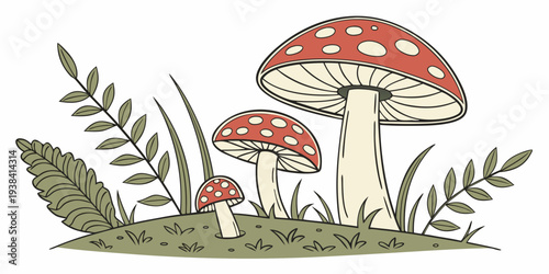 A cluster of vibrant red and white mushrooms growing in a grassy area with green leaves Vector