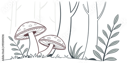 A serene forest scene with mushrooms and tall plants in the sunlight. Vector