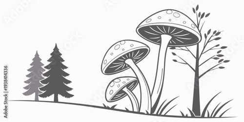 A serene forest scene with mushrooms growing near a tree. Vector