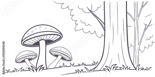 A whimsical illustration of mushrooms and plants in a forest setting Vector
