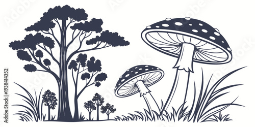 A serene forest scene with various types of mushrooms and trees Vector