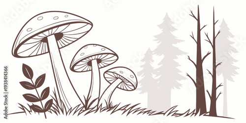 A serene forest scene with mushrooms growing among the trees and plants. Vector