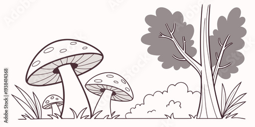 A group of mushrooms growing near a leafy plant in a natural setting Vector