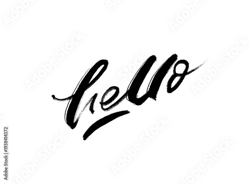 Hello word with swoosh on white background. Hand lettering design. Vector ink grunge inscription.