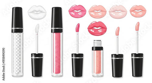 Lip gloss tubes with applicators and lip prints in various pink shades isolated on white background showcasing different textures and colors