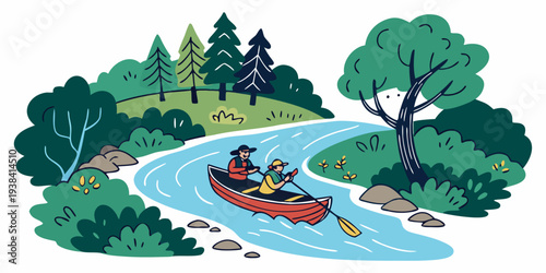 A serene river scene with a small boat and lush greenery on a sunny day Vector