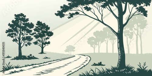 A serene landscape with a winding path leading to a group of trees in the distance Vector