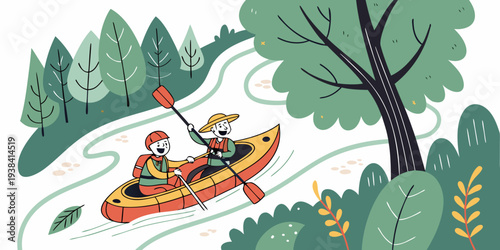 Adventurous family enjoying a thrilling river rafting experience in a lush green forest Vector