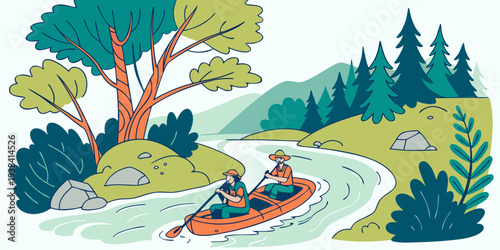 A serene landscape with a winding river surrounded by lush trees and vibrant foliage Vector