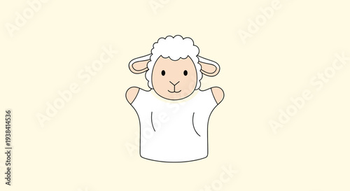 Simple hand puppet designed to look like a friendly white sheep with fluffy wool is shown against a soft yellow background.