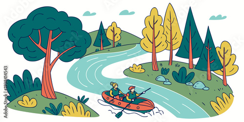 A serene landscape with a winding river, lush trees, and a picturesque village in the distance. Vector