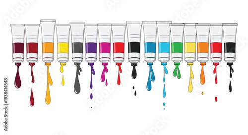 Row of paint tubes in many different colors with vibrant liquid pigment dripping from each nozzle to represent artistic creativity.