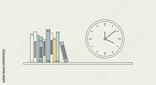 A minimalist illustration of books on a shelf next to a clock.