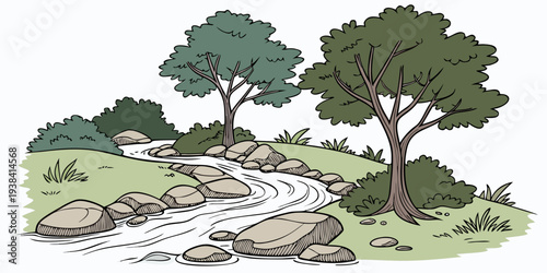 A serene landscape with a winding river and lush greenery on both banks Vector