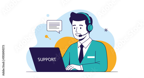 Professional customer support agent wearing a headset works on a laptop computer while providing help in a modern office.