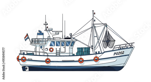 Traditional commercial fishing trawler vessel with nets and lifebuoys is shown on a white background for marine industry use.