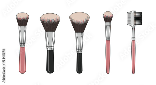 Professional set of makeup brushes in various shapes and sizes along with a lash comb for beauty and cosmetic applications.