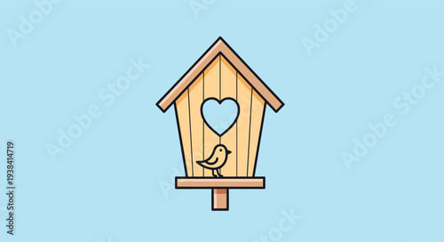 Simple wooden birdhouse with a heart-shaped entrance and a small bird perched on the ledge, set against a calming light blue background.