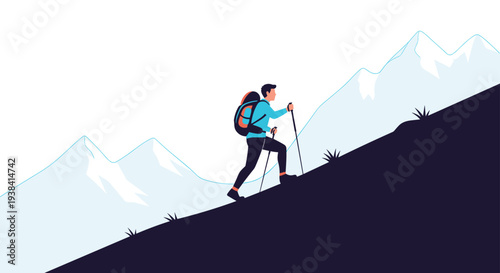 Determined hiker climbing a steep mountain ridge using trekking poles under a bright sky with snowy peaks visible in the distant background.